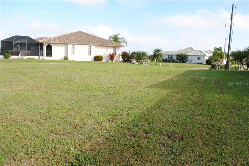 Empty lot with grass and houses in background.