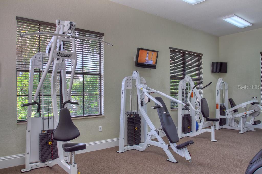 Gym with weight machines and TVs.