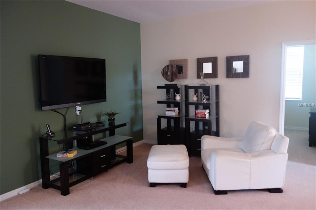 Living room with TV, armchair, and shelves.