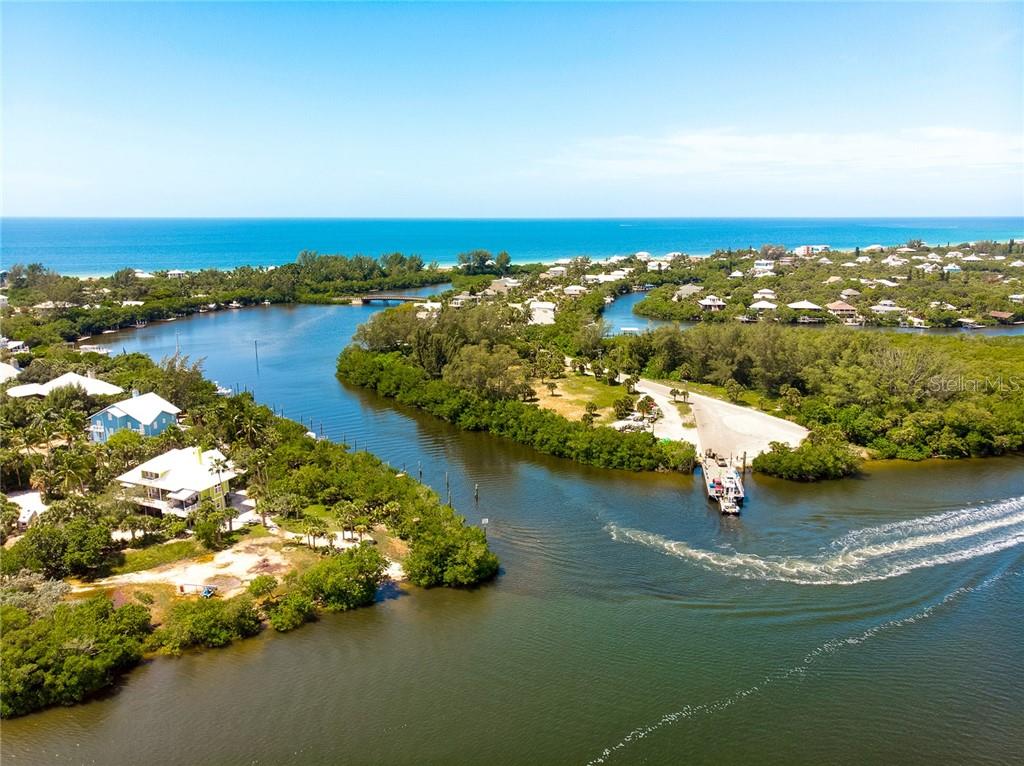 Aerial view of a boat dock on the water.