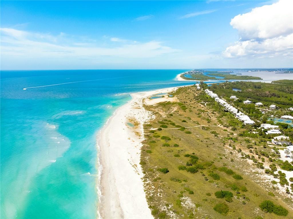 Aerial view of a beach and houses.