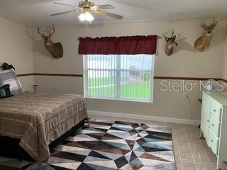 Bedroom with a bed, window, and deer heads.