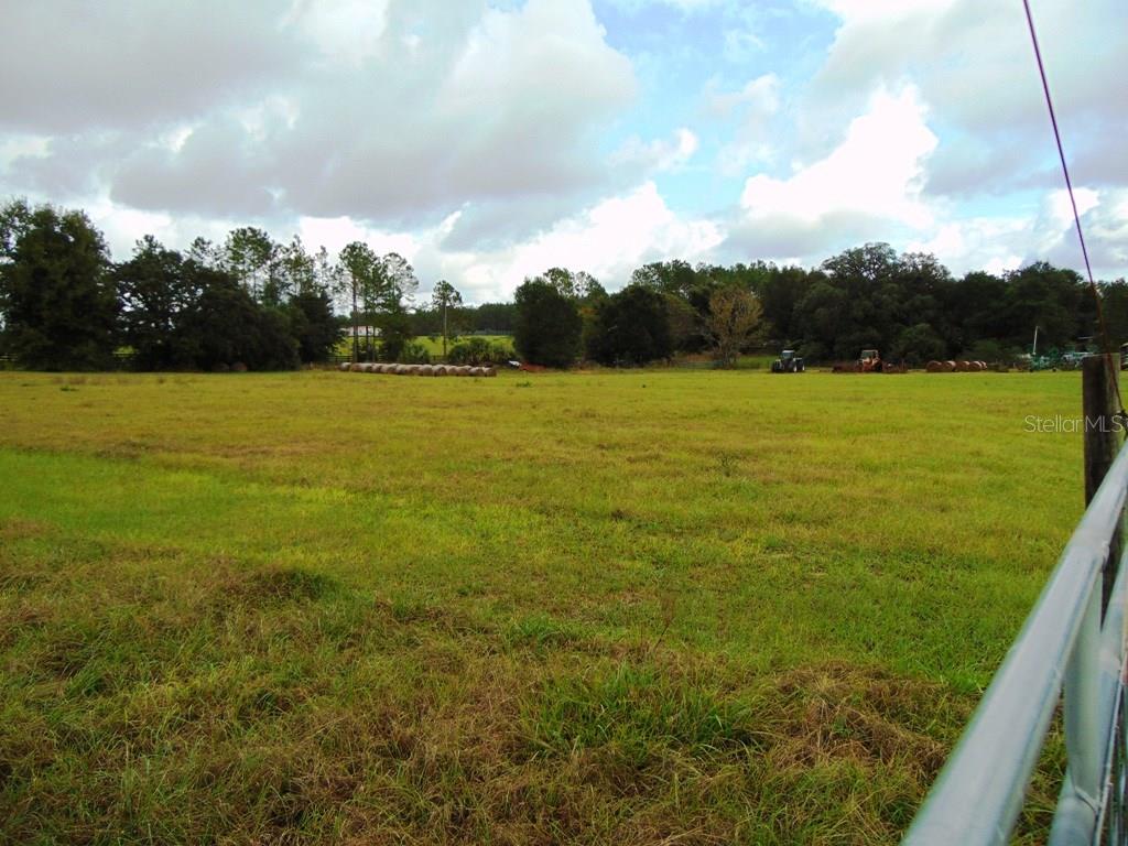 A grassy field with hay bales and trees.