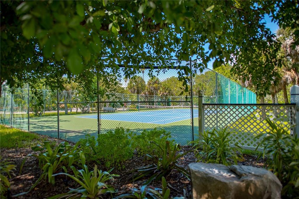 Tennis court surrounded by lush greenery.