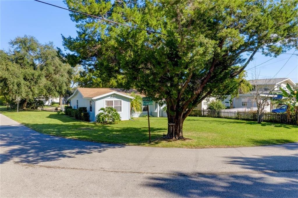 Blue house on corner lot with tree.