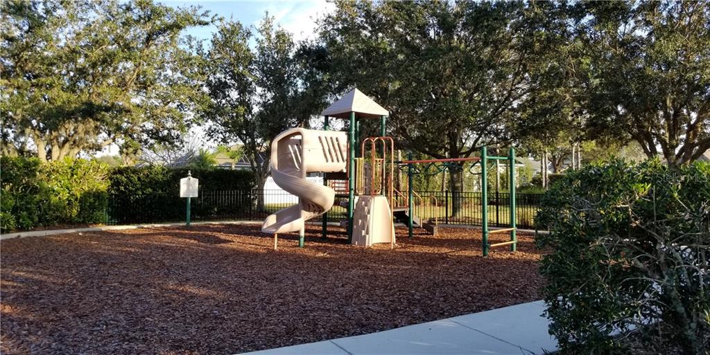 A playground with a slide and monkey bars.