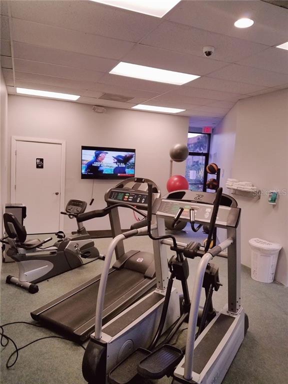 A gym with a treadmill, elliptical, and stationary bike.