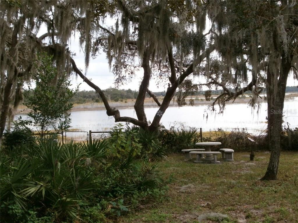 A lake view with a picnic table.