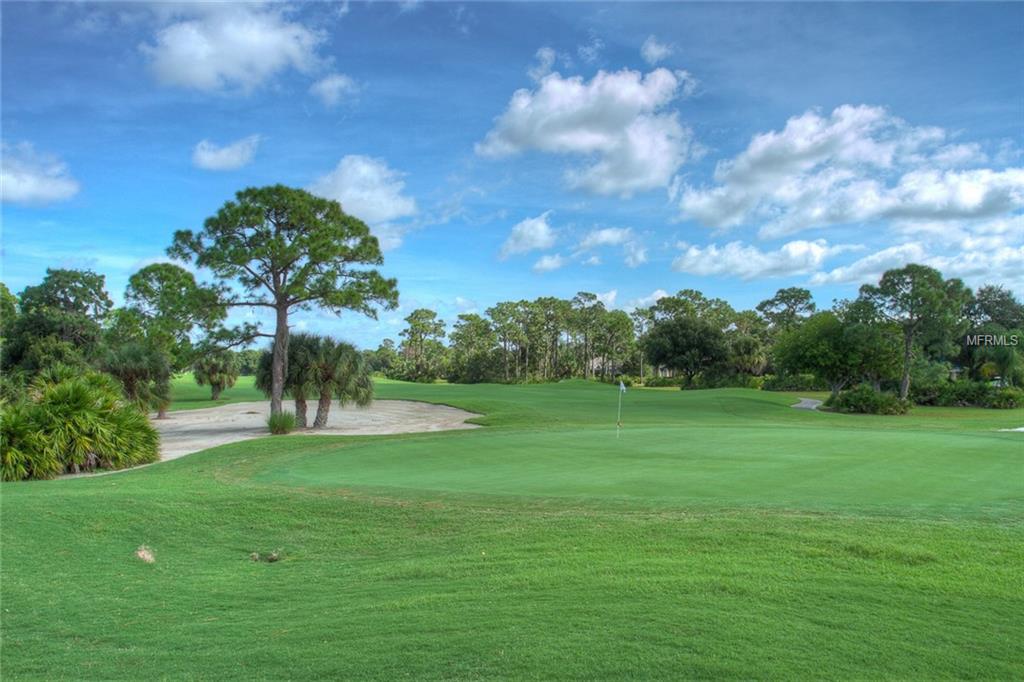 Green golf course with trees and blue sky.