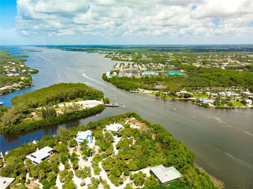 Aerial view of a waterfront community.