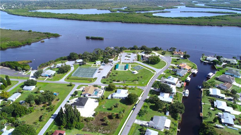 Aerial view of a waterfront community.