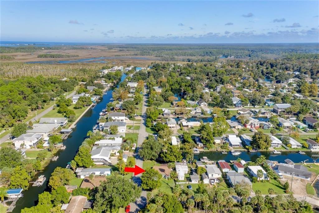 Aerial view of a canal neighborhood.