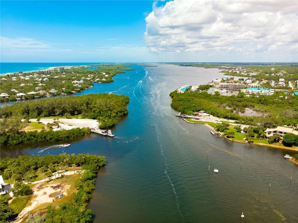 Aerial view of a waterway and coast.