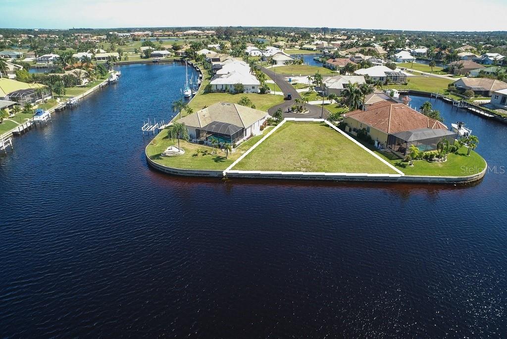 Aerial view of a waterfront lot.