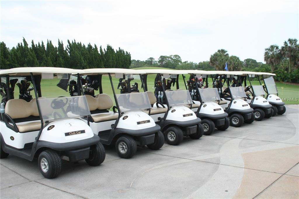 Row of white golf carts on pavement.