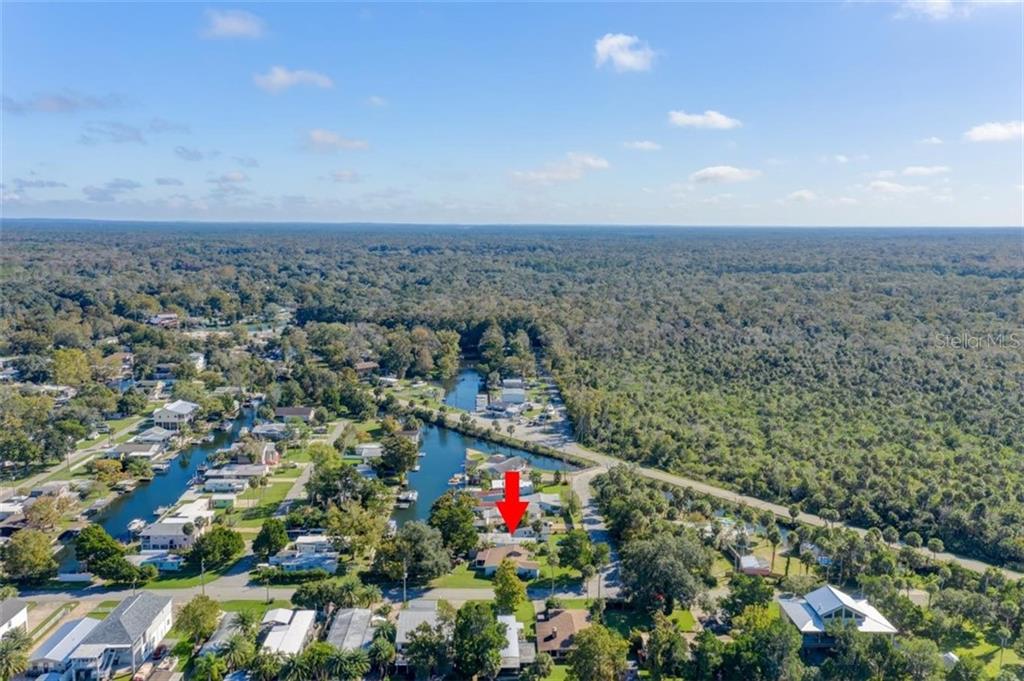 Aerial view of a house in a neighborhood.