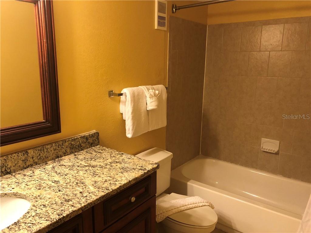 Bathroom with shower and granite countertop.