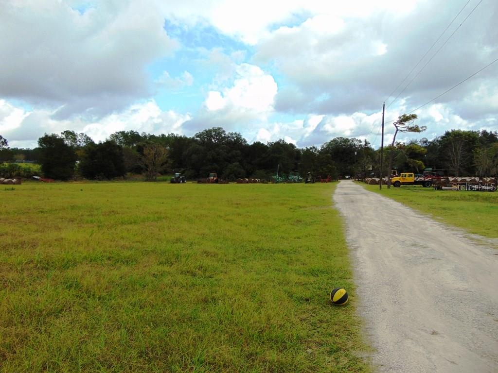 Dirt road with green field and ball.