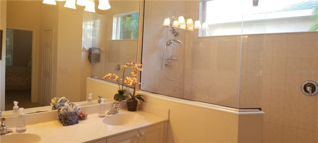 Bathroom vanity with shower and orchid.