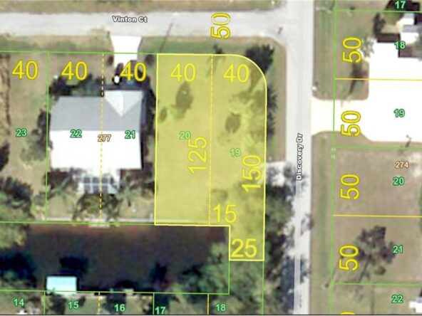 Aerial view of a property with numbered lots.