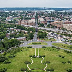 Aerial view of a city park and buildings.