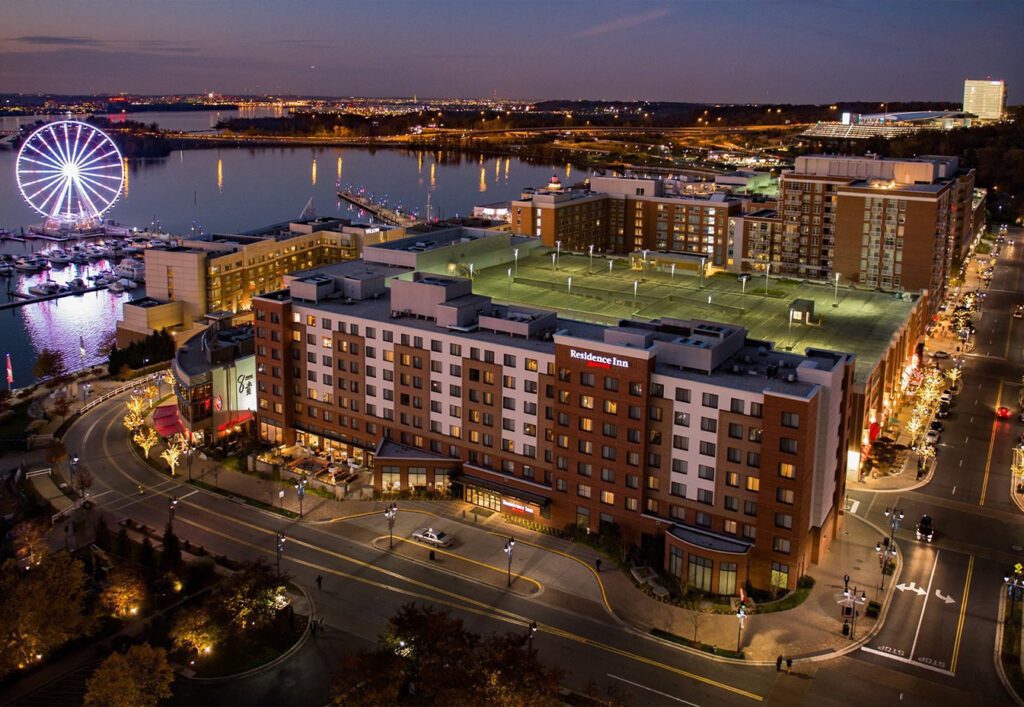 Aerial view of Residence Inn at night.