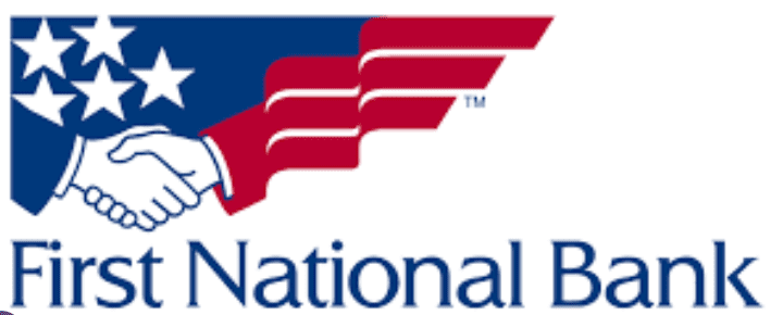First National Bank logo with handshake and flag.