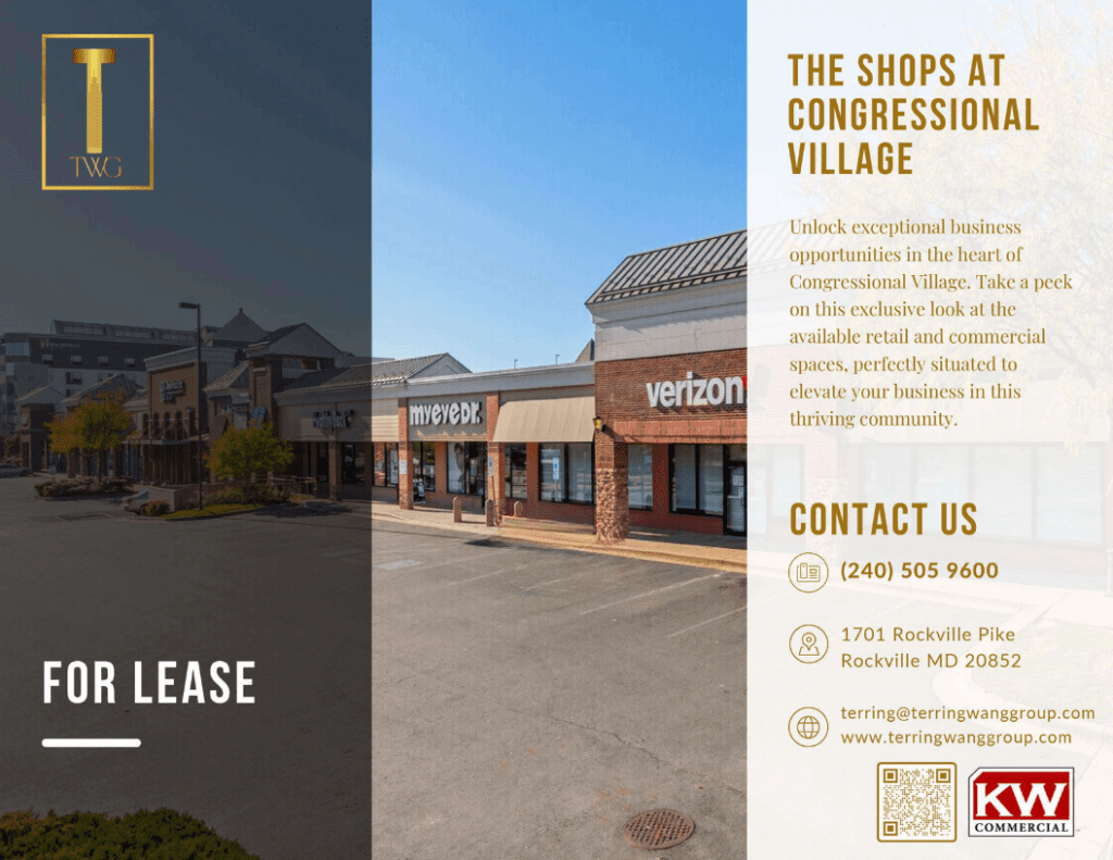 Retail shops at Congressional Village for lease.