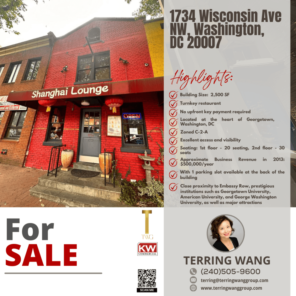 For sale: red brick building with "Shanghai Lounge" sign.