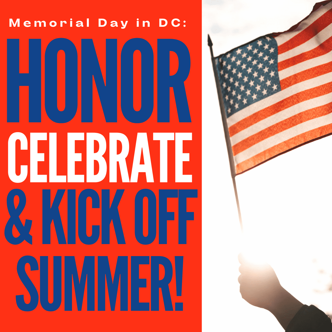 American flag with Memorial Day celebration text.