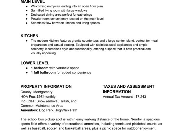 Real estate property information and amenities.