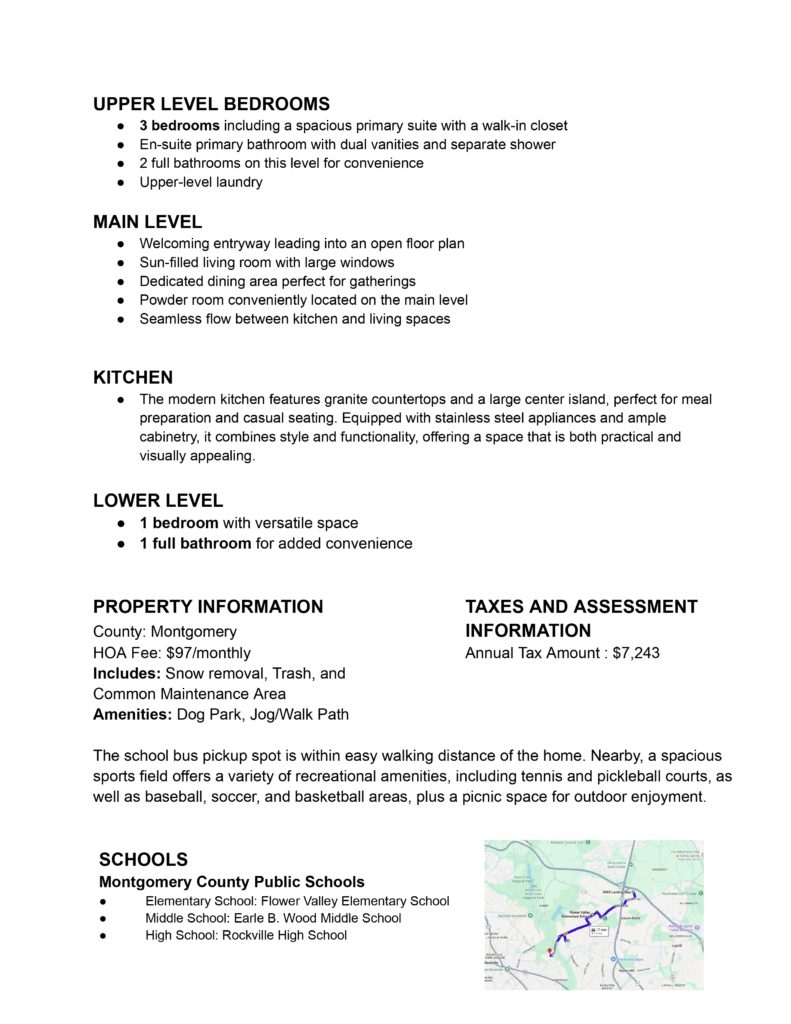 Real estate property information and amenities.